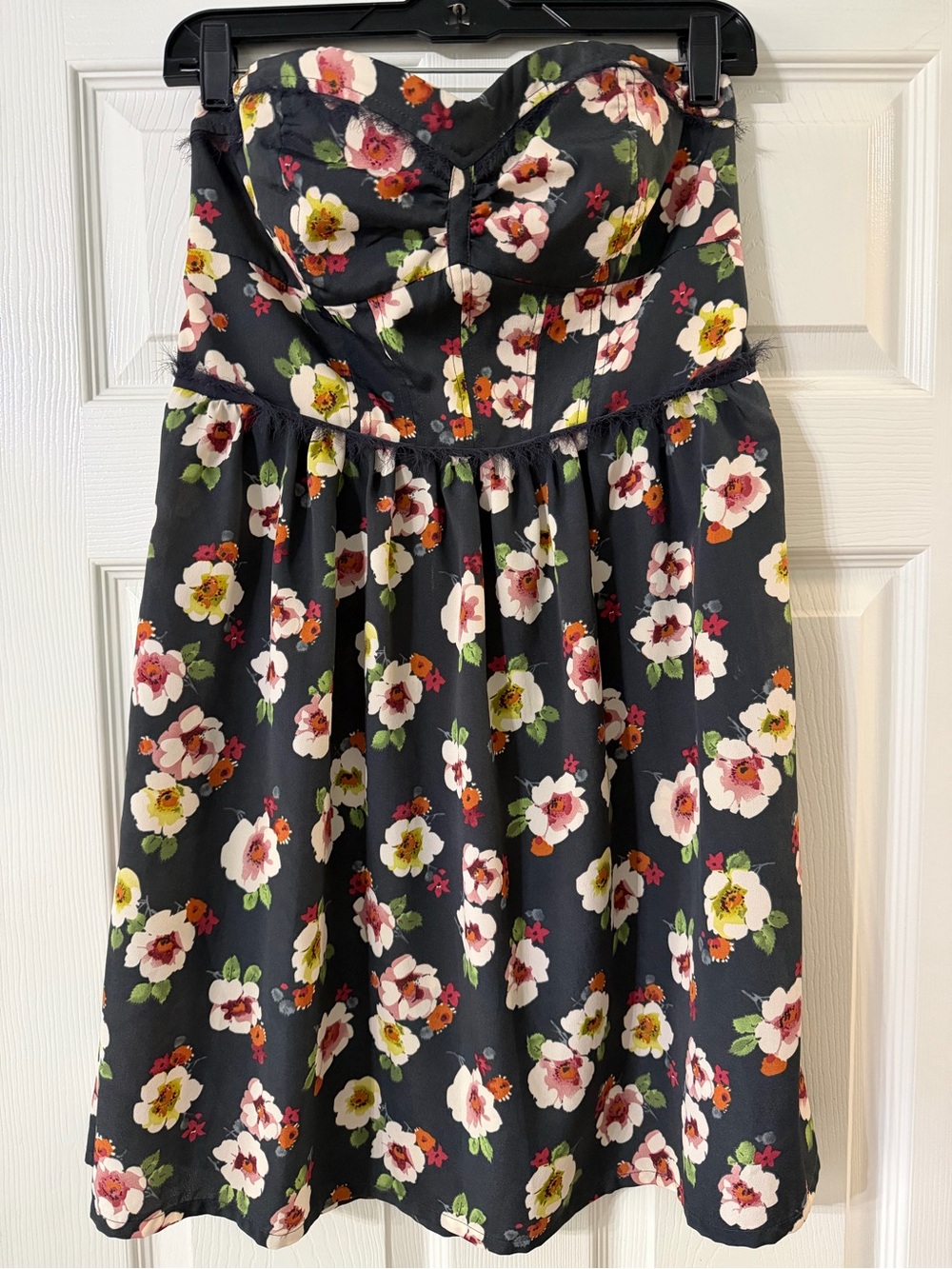 American Eagle Floral Strapless Sweetheart Navy Dress